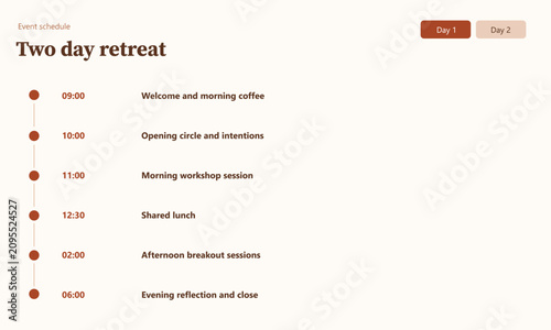 Two Day Retreat Event Schedule Template Day 1 Timeline with Modern Minimal Layout for workshops, seminars, wellness retreats, business events, presentations, websites, landing pages, and corporate.