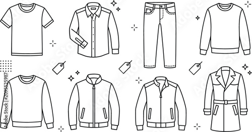 Foto Men casual clothing line art vector icon set featuring t shirt button shirt jean