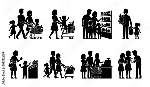 Foto Family Shopping Silhouettes, Grocery Store Scenes, Retail Purchase Icons, Superm