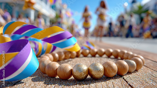 Carnival parade close-up of wooden bead necklace and colorful ribbons on street surface with blurred dancers in background for festival event marketing and cultural celebration guides