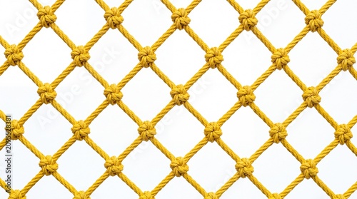 Bright yellow textured rope net with diamond patterns and sturdy knots displayed on white background