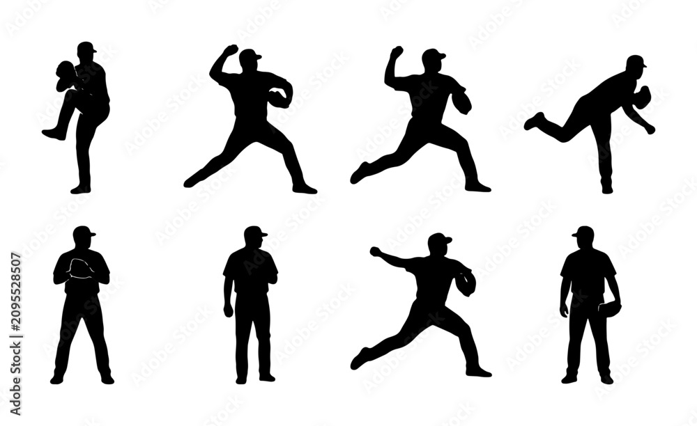 Obraz premium Baseball Pitcher Silhouettes Collection, Dynamic Action Poses, Athlete Vector Graphics, Sports Illustration Set