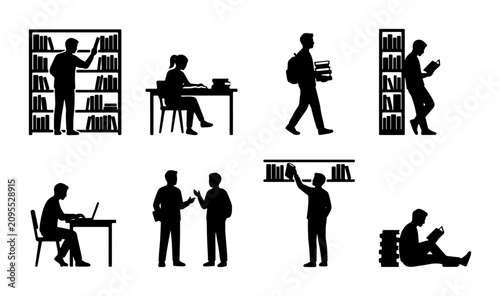 Bild auf Leinwand Library Silhouettes Collection: Diverse People Reading, Studying, and Browsing B