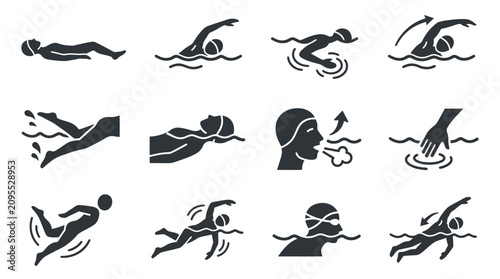 Tableau sur toile Black silhouettes of people swimming fast.