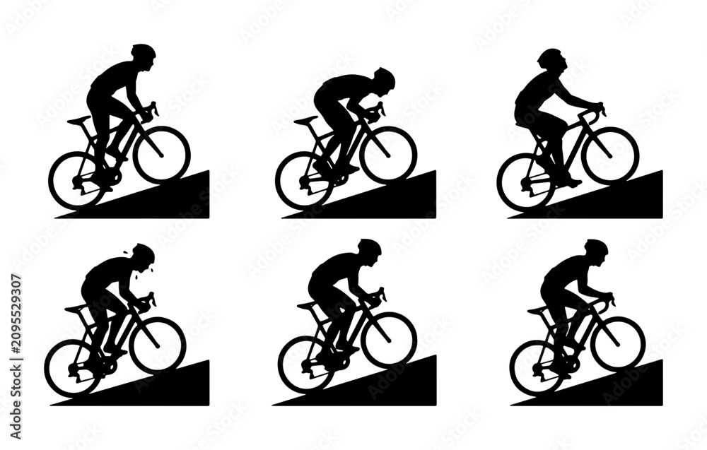 Obraz premium Cyclist Silhouette Set, Bicycle Rider Poses, Downhill Cycling Action, Sport Vector Graphics, Dynamic Movement Illustrations