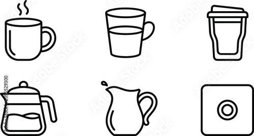 Bild auf Leinwand Coffee Shop and Cafe Beverage Line Icon Set with Hot Ceramic Mug, Glass Cup, Tak