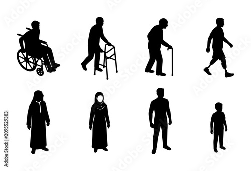 Bild auf Leinwand Diverse Human Silhouettes Collection: Elderly, Disabled, and Children Icons for