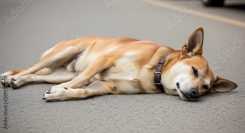 Relaxed Dog Resting Peacefully on Asphalt Road Surface.