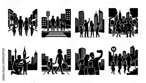 Fotografía Urban Family Silhouettes, City Life Scenes, Diverse People Walking, Modern Archi