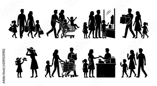 Family Shopping Silhouettes, Diverse Consumer Scenes, Retail Interactions, Black and White Vector Set
