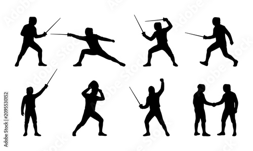 Cuadro en lienzo Fencing Silhouettes, Sword Fighting Poses, Sport Action, Athlete Figures, Combat