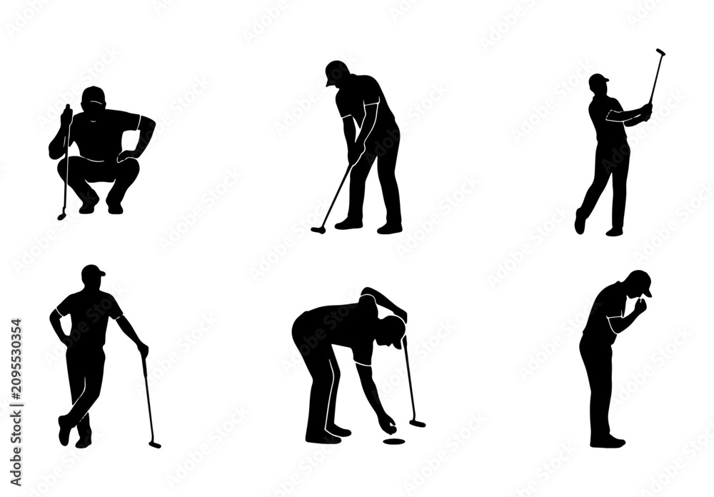 Fototapeta premium Golf Player Silhouettes, Dynamic Poses Vector Set, Sports Action Icons, Black and White Graphic Elements for Athletic Design