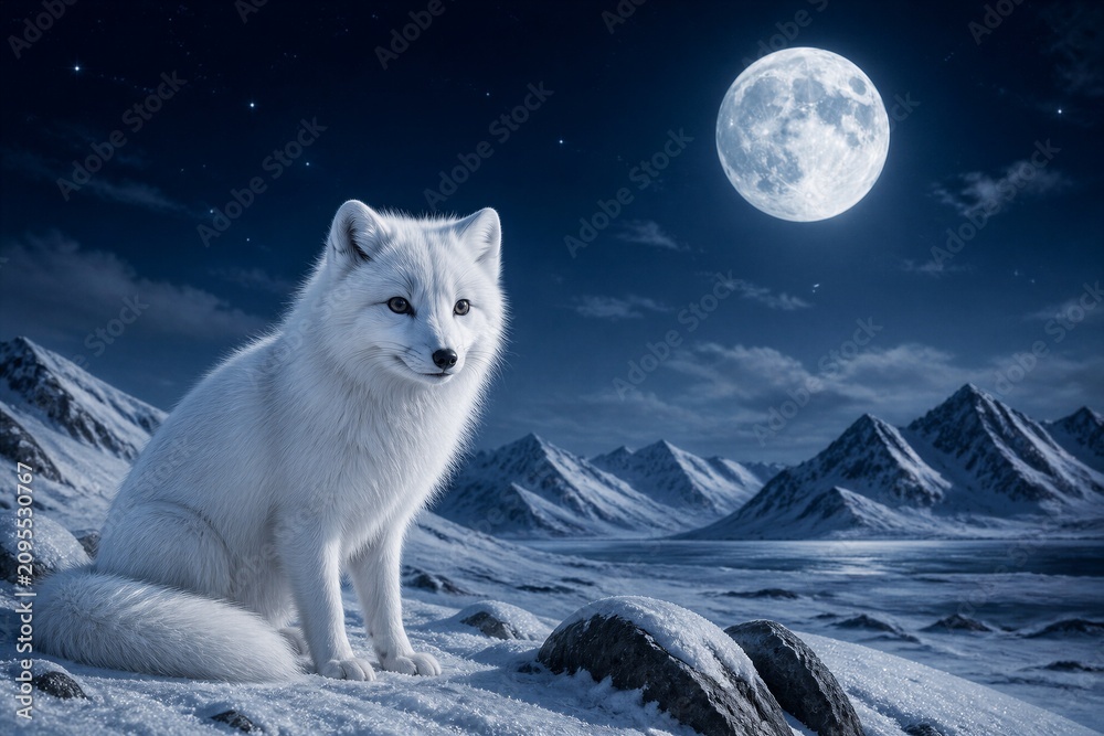 Fototapeta premium Arctic fox sitting on snowy tundra beneath full moon