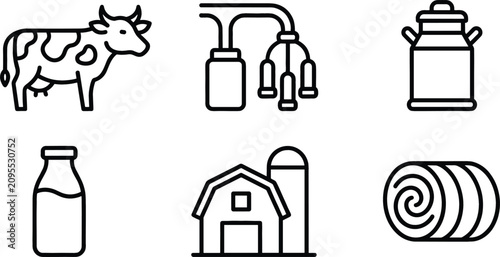 Obraz na płótnie Dairy Farm and Cattle Livestock Industry Line Icon Set with Spotted Cow, Automat