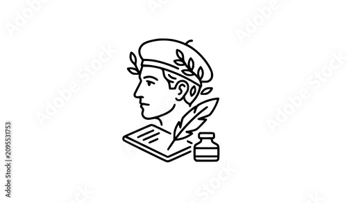 Принти на полотні Poet Black Line Icon Vector with Quill Pen Book and Creative Writing Outline Sym