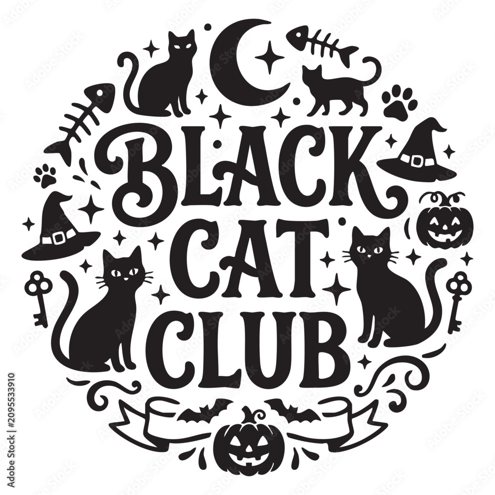 Naklejka premium Black cat club halloween circular badge design with kitten silhouettes moon and witch hat.