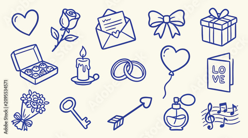 Canvastavla Collection of romantic icons and symbols for Valentine's Day and love, hand-drawn style
