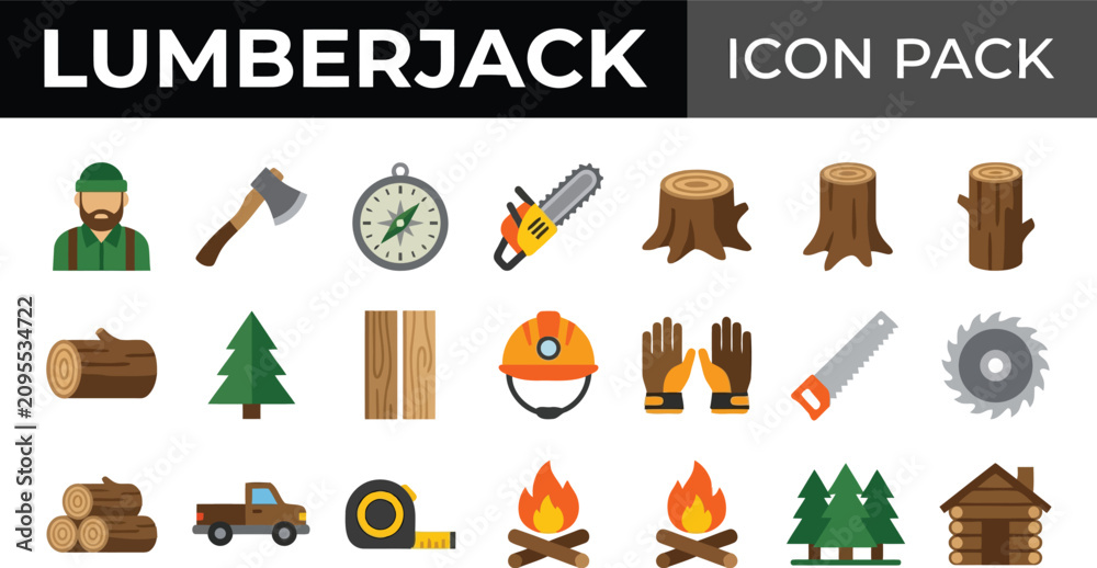 Fototapeta premium Colorful lumberjack icons on white background