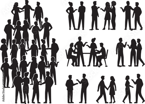 Abstract Vector Silhouettes Illustrating Dynamic Human Interaction, Communication, and Collaborative Idea Sharing in Diverse Group Settings