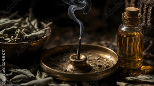 Burning incense stick with rising smoke on a brass tray, wellness concept with essential oil and dried herbs