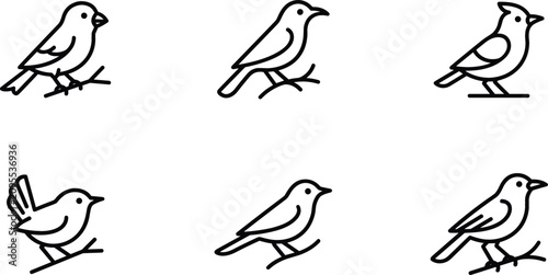 Foto Songbirds and Perching Avian Wildlife Line Icon Set with Sparrow, Blue Jay, Card