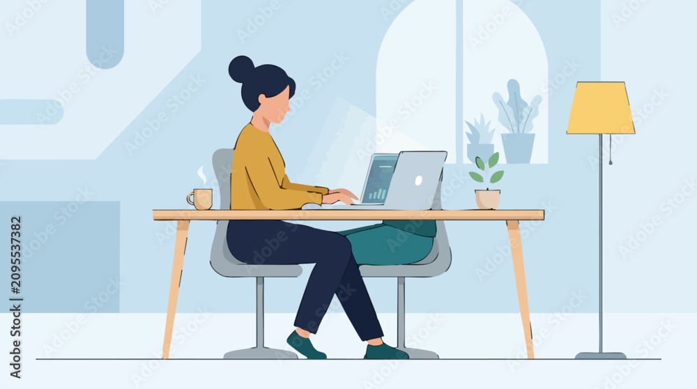 Fototapeta premium Young woman working remotely on laptop at desk in comfortable home office