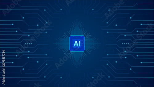 Bild auf Leinwand A high-tech digital background featuring a central artificial intelligence (AI) microchip processor connected to complex glowing circuit lines on a dark blue gradient backdrop