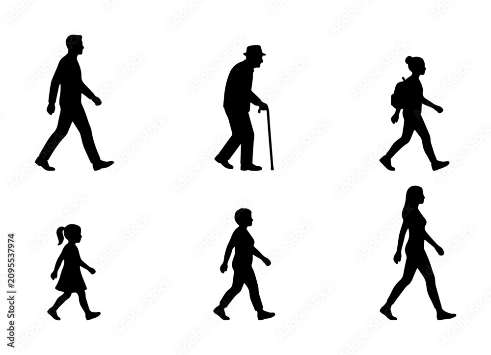 Obraz premium Diverse Human Silhouettes Collection, Walking Figures Vector Set, People Icons for Mobility and Lifestyle Concepts, Black and White