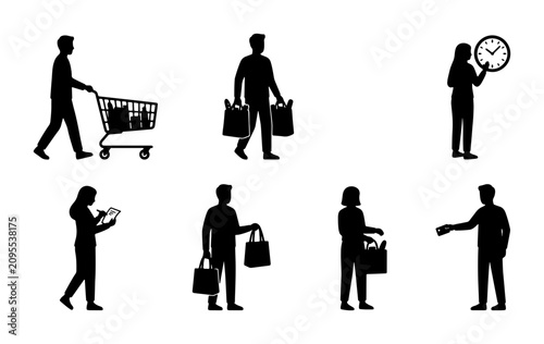 Foto Silhouette Shoppers Set: Diverse Figures with Shopping Carts, Bags, and Timepiec