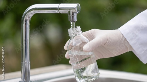 Collecting a water sample for laboratory microplastic analysis. Concept of water quality monitoring, environmental research and pollution detection.