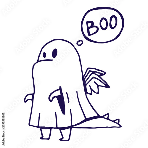Foto Cute dragon wearing ghost costume saying boo doodle vector illustration