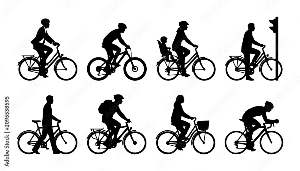 Obraz premium Diverse Bicycle Silhouettes Collection: Cyclists, Commuters, Family Rides, and Sports, Vector Icons for Mobility and Lifestyle Graphics