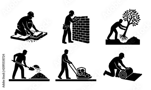 Konstfotografi Construction and Landscaping Icons: Bricklaying, Tree Planting, Gardening, and L