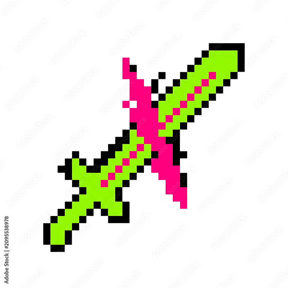 Fototapeta premium Pixelated Neon Green Sword Crossed with Vibrant Hot Pink Slash Mark Design