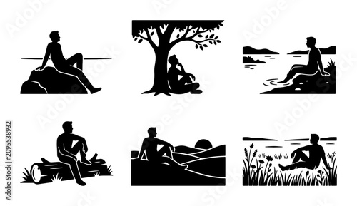 Cuadro en lienzo Contemplative Man Silhouette Collection, Relaxing Solitude Scenes, Nature Landsc