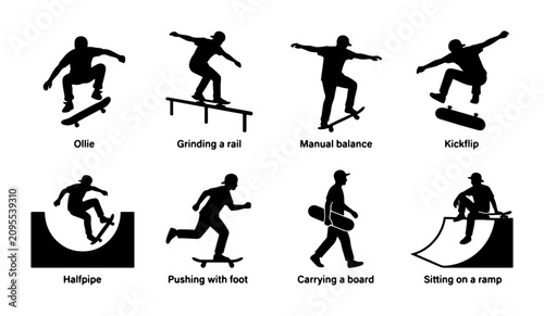 Fotografie Skateboarder Silhouettes: 8 Dynamic Action Poses, Vector Icons for Extreme Sport