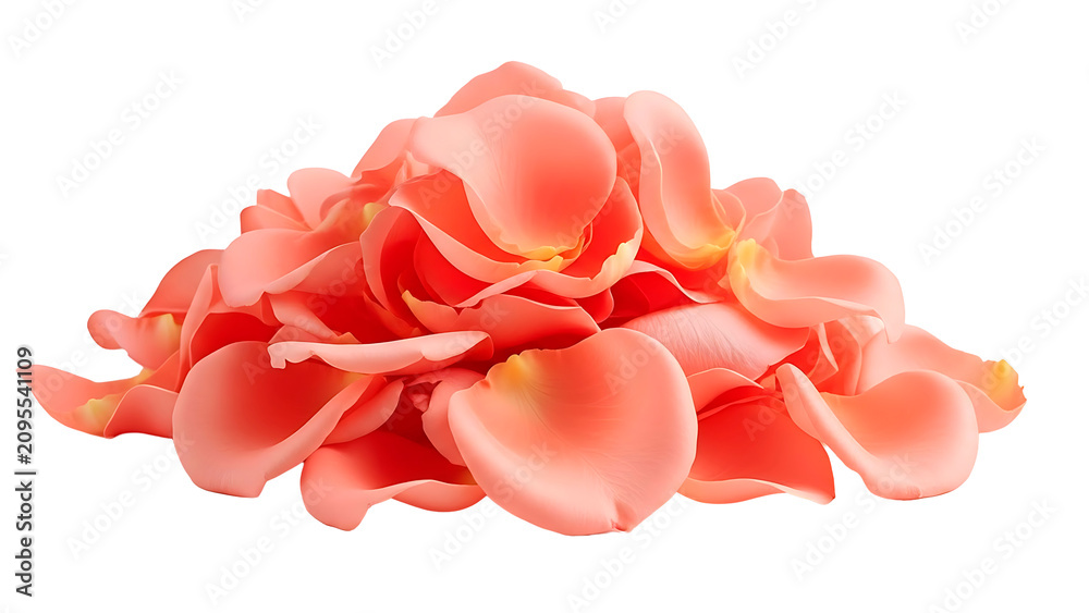 Fototapeta premium ia generated front view of a pile of soft pink rose petals scattered and isolated on a solid white background. Romantic floral concept with delicate textures and gentle lighting.