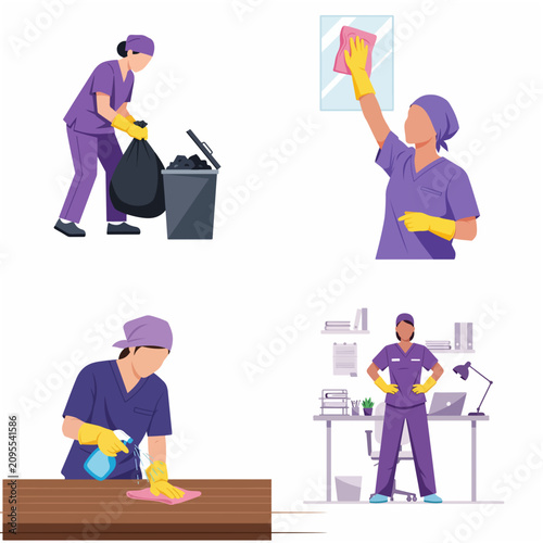 Flat Vector Illustration Set of Professional Female Cleaner Performing Office Maintenance and Sanitization Tasks