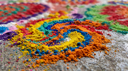 Closeup of colorful rangoli powder arranged in traditional decorative patterns for Indian festival celebration and cultural background