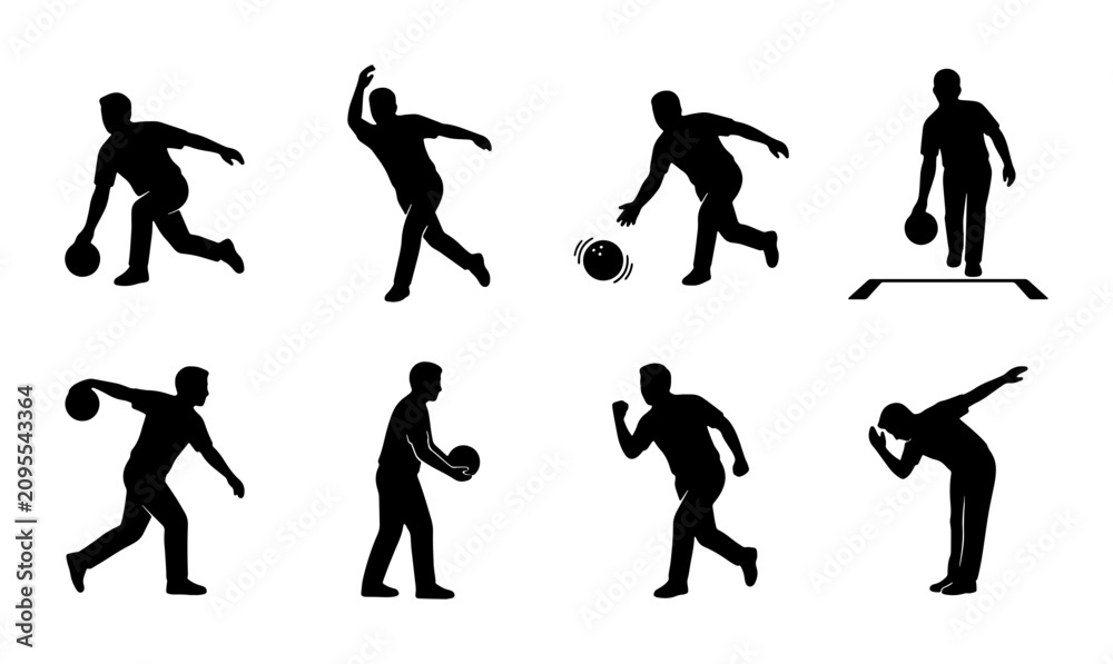 Obraz premium Bowling Action Silhouettes: Dynamic Poses of Athletes Throwing Balls, Sports Game Motion Graphics, Vector Illustrations for Athletic Concepts
