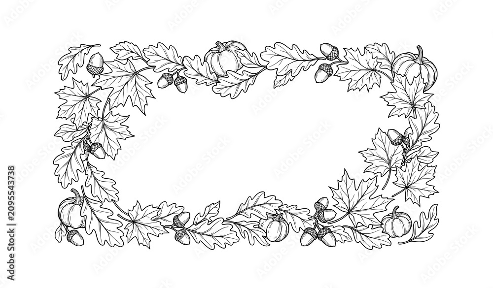 Obraz premium Autumn maple leaves and acorns line art frame template for coloring