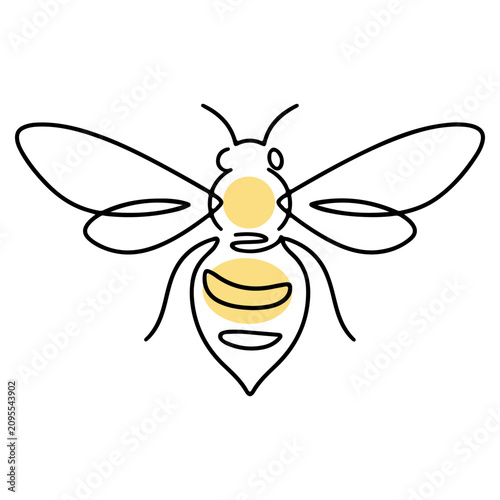 Принти на полотні Minimalist single line drawing of a honey bee featuring clean black strokes and soft yellow accent patches rendered in a modern flat vector style suitable for logos and artistic designs