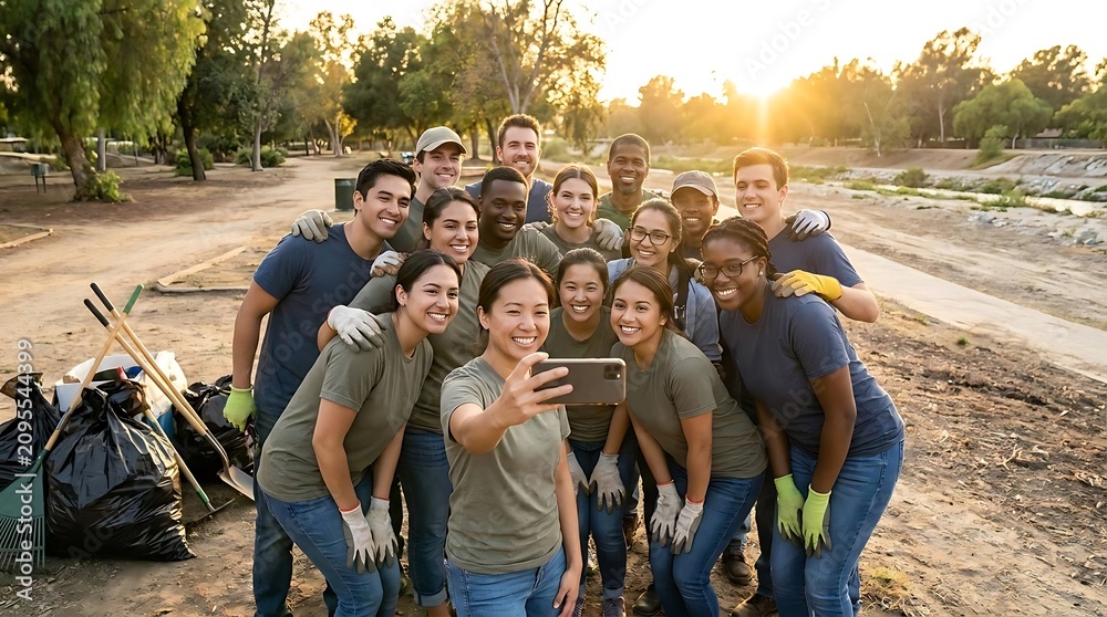 Fototapeta premium Diverse group of volunteers taking a selfie after park cleanup outdoors