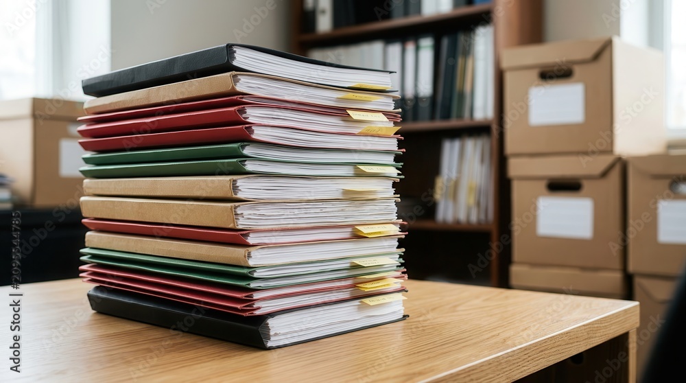 Obraz premium A stack of colorful file folders and document boxes on an office desk.