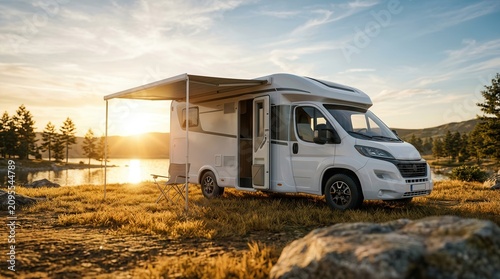 A white camper car parked in nature during a motor home holiday at sunset.