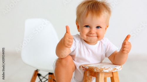 Happy toddler baby boy sitting on stool giving two thumbs up with thumbsup approval positive