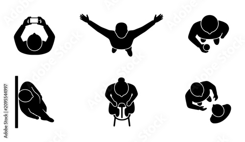 Top View Human Silhouettes Collection, Diverse Poses Vector Icons, People From Above Set, Simple Black and White Figures for Design