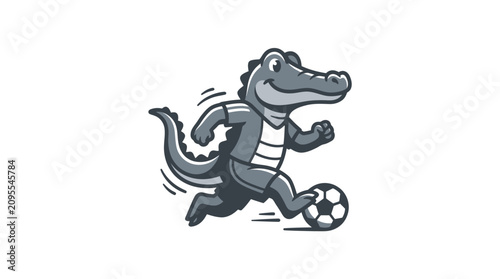 Obraz na plátně Cartoon alligator playing soccer ball.