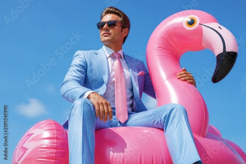 Businessman sitting on pink inflatable flamingo under clear sky