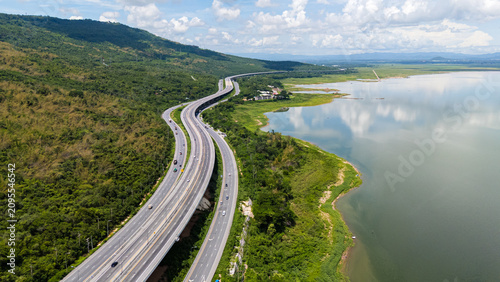 Photography Drone shot The M6 motorway Nakhon Ratchasima Province - Bang Pa-in Lam Ta Khong River and Mountain